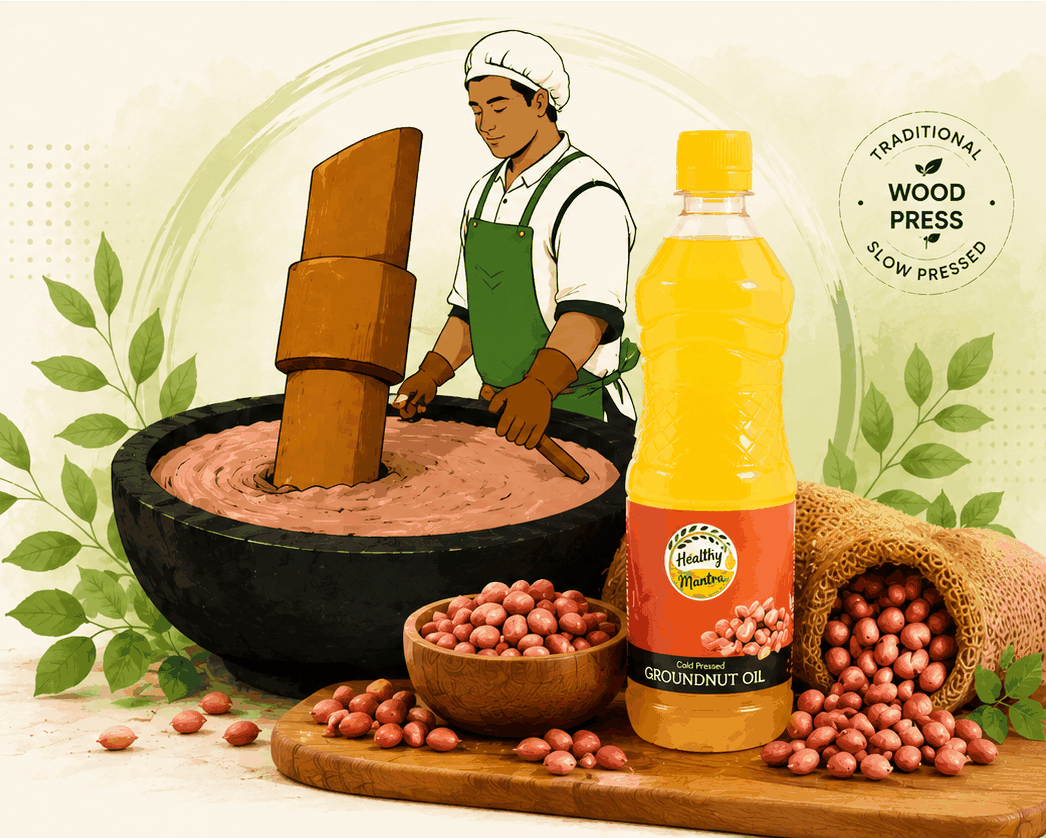 A craftsman working a traditional wooden press beside a bottle of Healthy Mantra cold pressed groundnut oil and freshly shelled groundnuts.